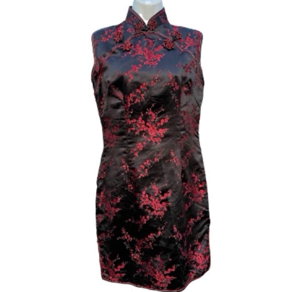 Vintage Shanghai China Black & Red Rayon Cheongsam Dress Size 36
